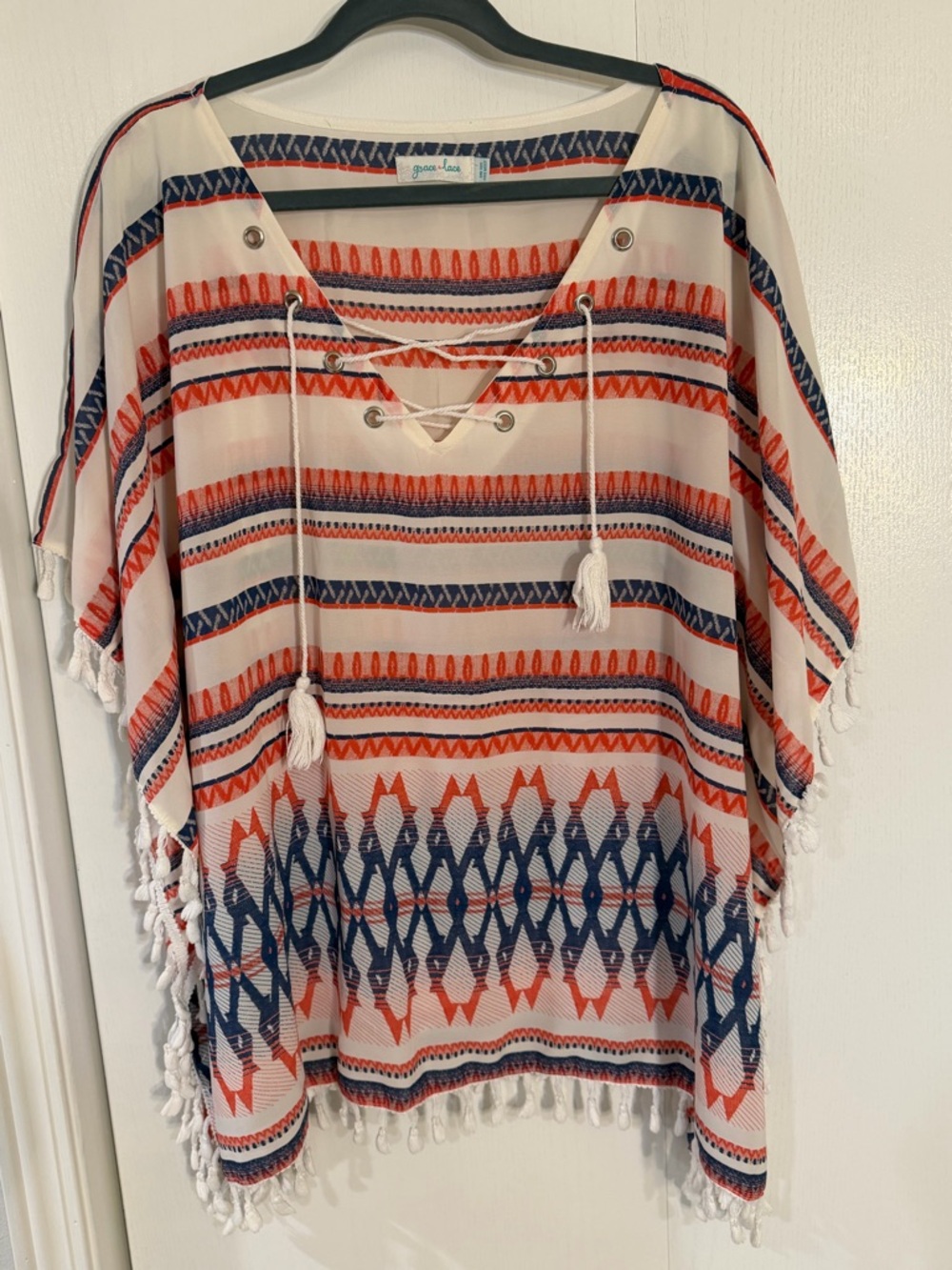Grace & Lace Striped Tassel Top- Coral reddish & Navy